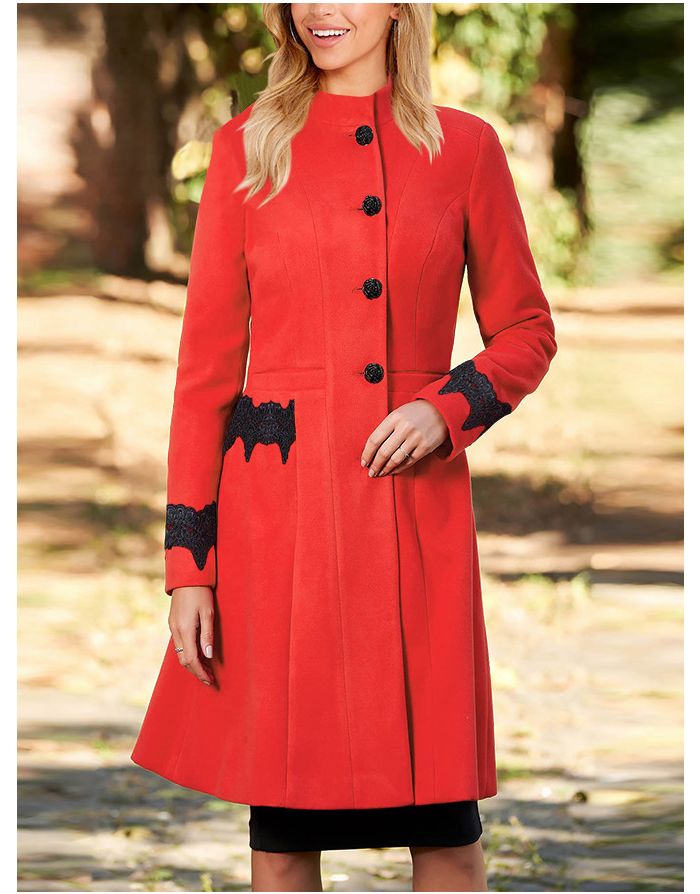 Winter New Woolen Coat Detachable Black Artificial Fur Collar Single Breasted Lace Stitching Women Elegant Long Coat