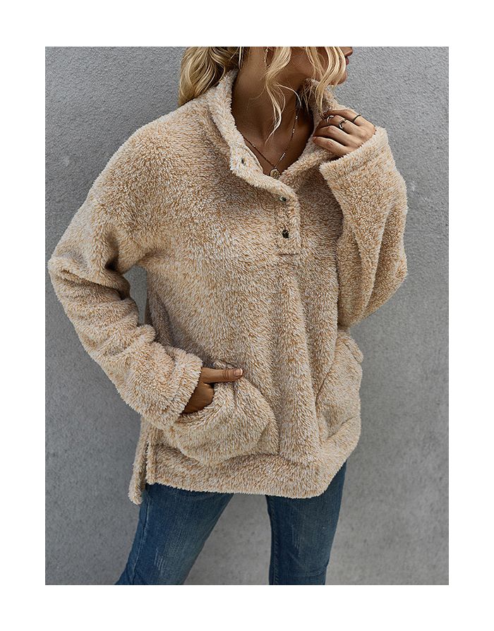 Winter New Plush Warm Pullover Sweatshirt Single Breasted Standing Collar Pockets Split Women Coat