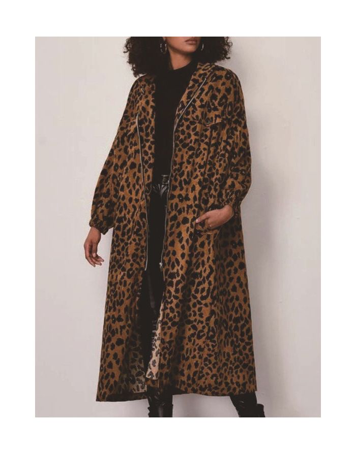 Women Fall Winter Coat Leopard Print Long Overcoat Lapel Long Sleeve Zipper Loose Tops